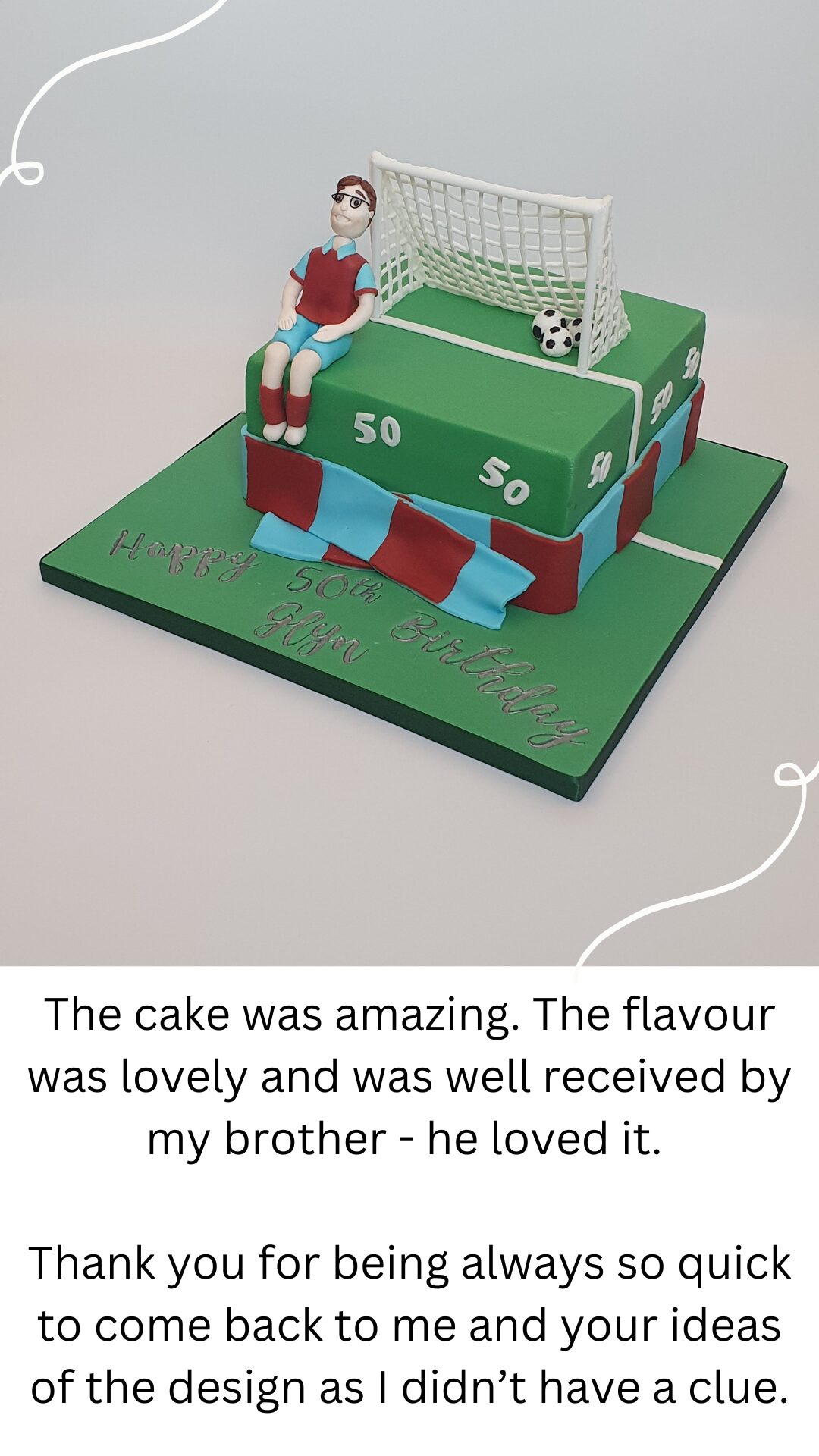 Square football themed 50th birthday cake with a goal and model footballer on top and a West Ham scarf around the base. 